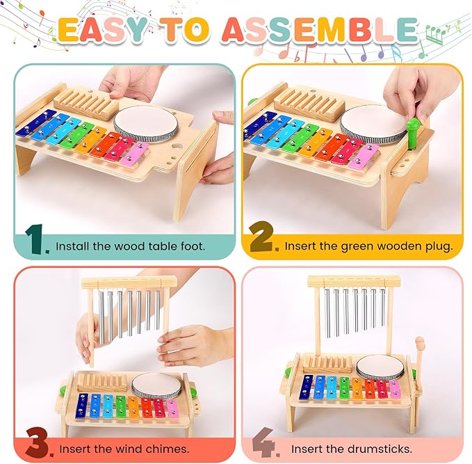 Kids Drum Set for Toddlers, Montessori Musical Instruments Toys, Toddler Drum Set Wooden Xylophone Musical Toys Birthday for Children Boys and Girls