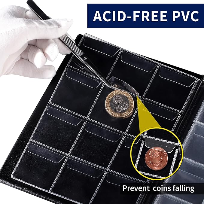 120 Pockets Coin Album - Coin Collecting Book with 10 Pages, 45x43 mm Grid Holder for Pounds Pence Cents Dollars Nickel (Black) CS48120BK