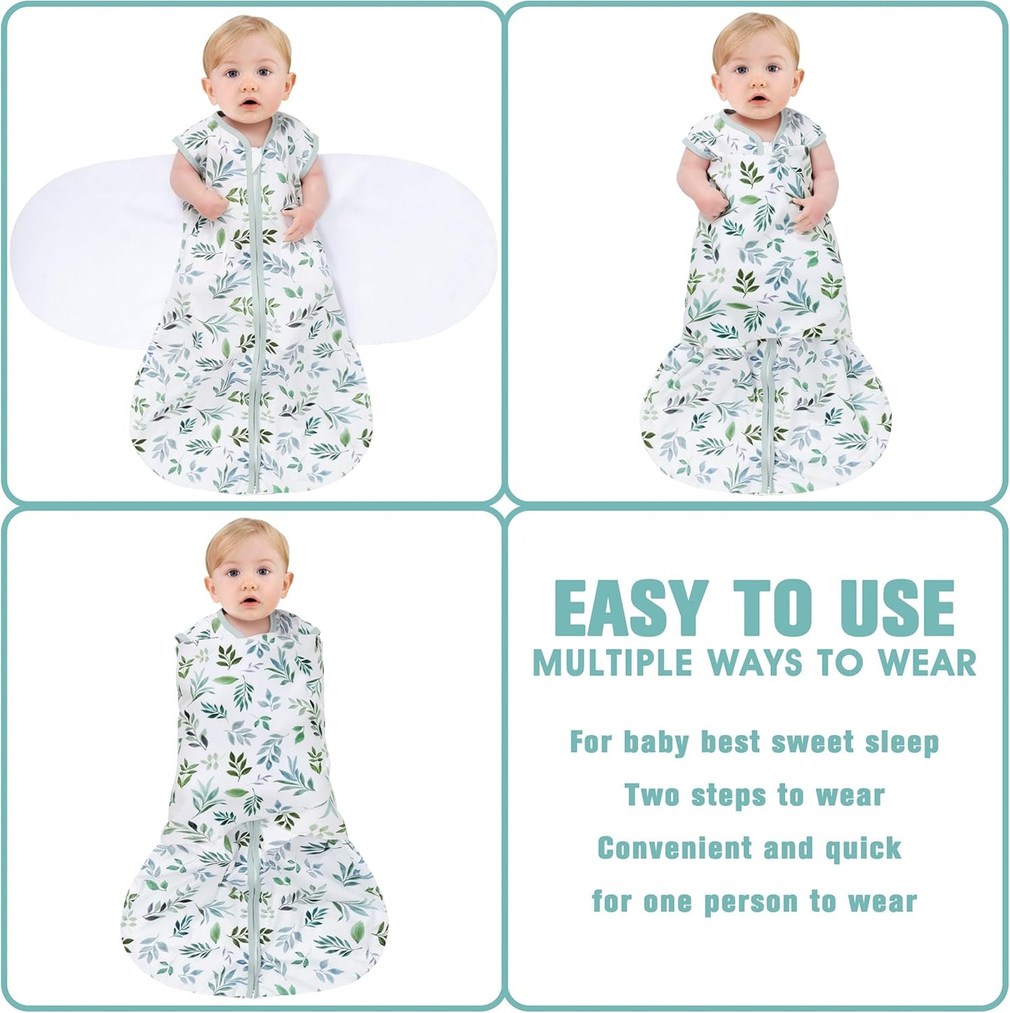 Newborn Sleep Sack Baby Swaddle,Swaddle me 6-12 Month,3-Way Adjustable Wearable Blanket,100% Rayon Cotton Swaddling Sleeping Bag，TOG 0.5 (Leaf, 6-12 Months)