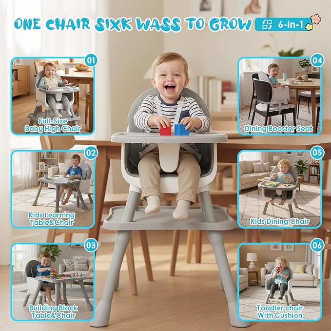 6 in 1 Baby High Chair, Convertible Highchair for Babies and Toddlers (Grey)