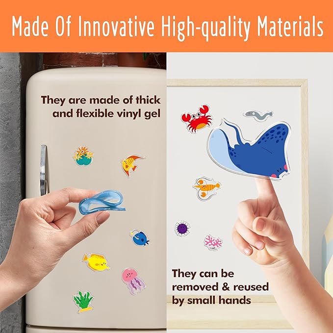 42PCS Marine Animal Jelly Stickers, Thick Window Door Clings Removable Reusable Gel Clings Decals for Kids Toddlers Adults Home Classroom Nursery Animal Party Supplies Decorations (Not Edible)