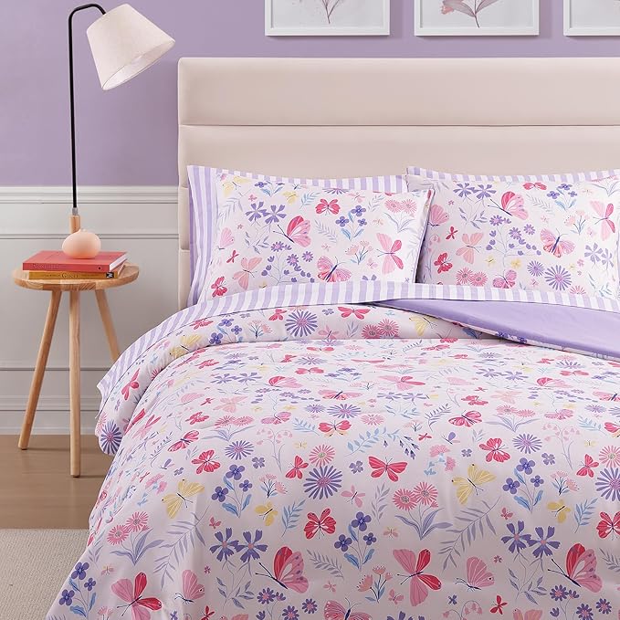 Full Size Comforter Sets with Sheets for Girls-7 Pieces Full Size Bedding Sets with Pink Comforter, Sheets, Pillowcases & Shams for Kids (Cute Botanical Flowers, 76" X 86")