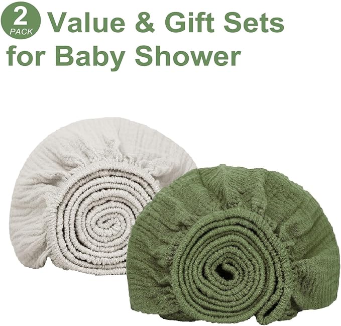 Muslin Mini Crib Sheets for Girls & Boys-2 Pack 24"x 38" Soft Baby Mattress Sheets Fitted-No Slip Neutral Toddler Cotton Bedding-Boho Nursery Décor Olive Green & Beige