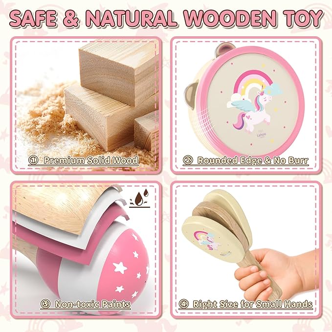 Baby Musical Instruments for Toddlers 1-3, Montessori Wooden Toys for 1 Year Old, Xylophone Maracas Percussion Set with Storage Bag, Learning Toys for Boys Girls Age 2-4, Christmas Birthday Gift, Pink