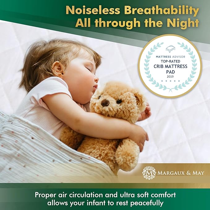 Margaux & May Crib Mattress Protector Pad 2 Pack - Ultra-Soft Waterproof Breathable Premium Bamboo Rayon - Noiseless Fitted Dryer Safe Cover for Crib. High Absorbency Oeko-TEX Certified
