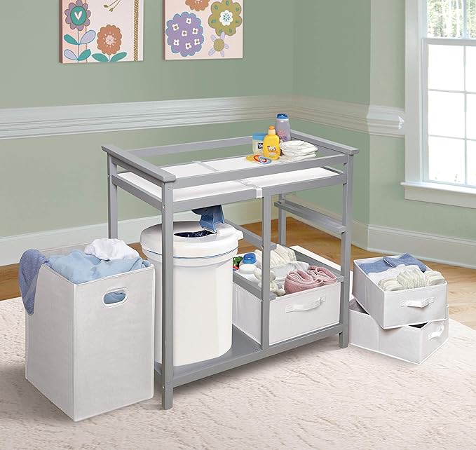 Badger Basket Modern Baby Changing Table - Nursery Furniture with Laundry Hamper and 3 Storage Drawers - Diaper Changing Station with Safety Belt, Changing Pad, and Organizer Baskets - Gray and White