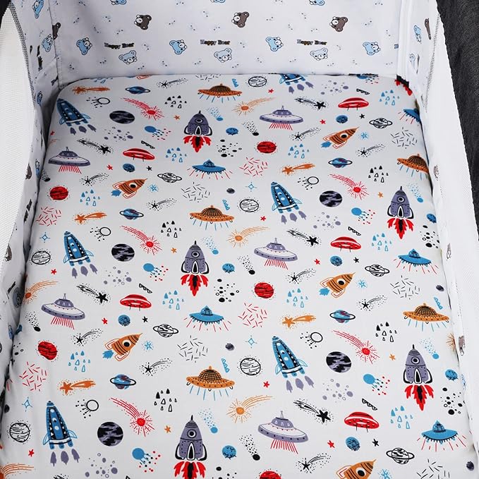 Bassinet Sheet Set 2 Pack Snug Fitted Cradle Fitted Sheets, Stretchy Ultra Soft, for Oval Rectangle Hourglass Bassinet Mattress, Unisex Boy Girl, Planet Rocket Satellite & Car