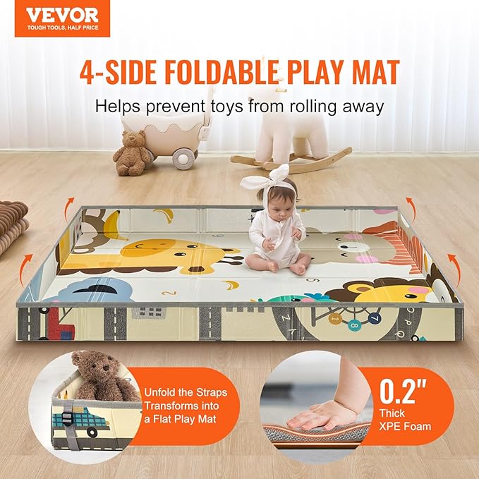 VEVOR Baby Play Mat, 55"" x71 Baby Crawling Mat, Non-Slip One-Piece Foam Baby Playmat, Foldable Portable Reversible Floor Mat with Travel Bag, Waterproof Activity Playmats for Babies, Toddlers, Infan