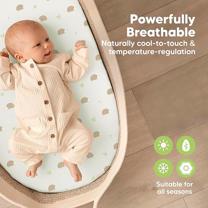 2-Pack Baby Bassinet Sheets Girl, Boy - 33x17 Viscose Derived from Bamboo Bedside Mattress Fitted Bassinet Sheets, Compatible with Halo Bassinest Swivel Sleeper, Baby Delight, Graco(Nibbles/Bruce)