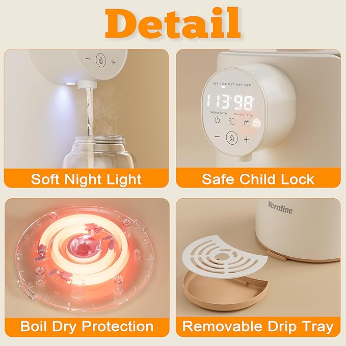 Instant Water Warmer, 2L Baby Formula Dispenser, 5 Temperature Control & 7x24H Keep Warm, Baby Bottle Warmer with Night Light, Hot Water Dispenser for All Bottles, Detachable Glass Tank