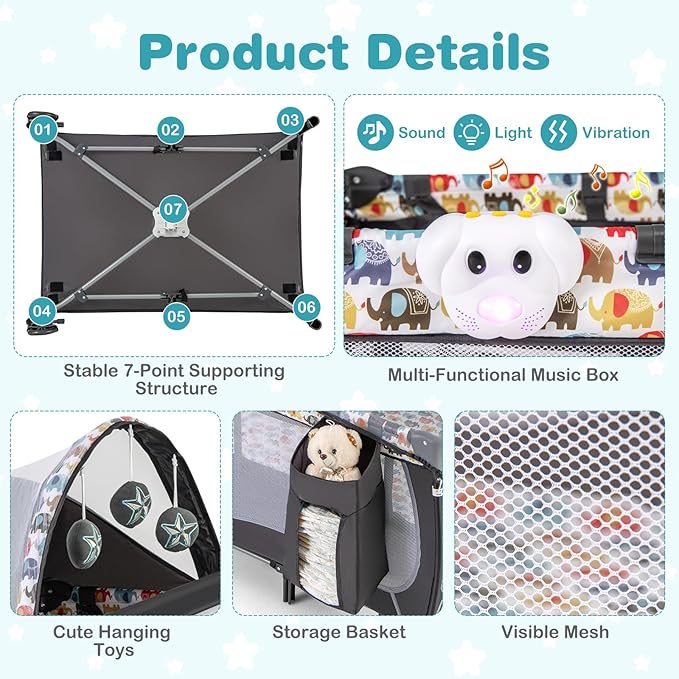 HONEY JOY Pack and Play, 4 in 1 Portable Baby Playard w/Bassinet, Changing Table, Lockable Wheel, Music, Foldable Travel Baby Crib Nursery Center from Newborn to Toddler(Gray, Elephant)