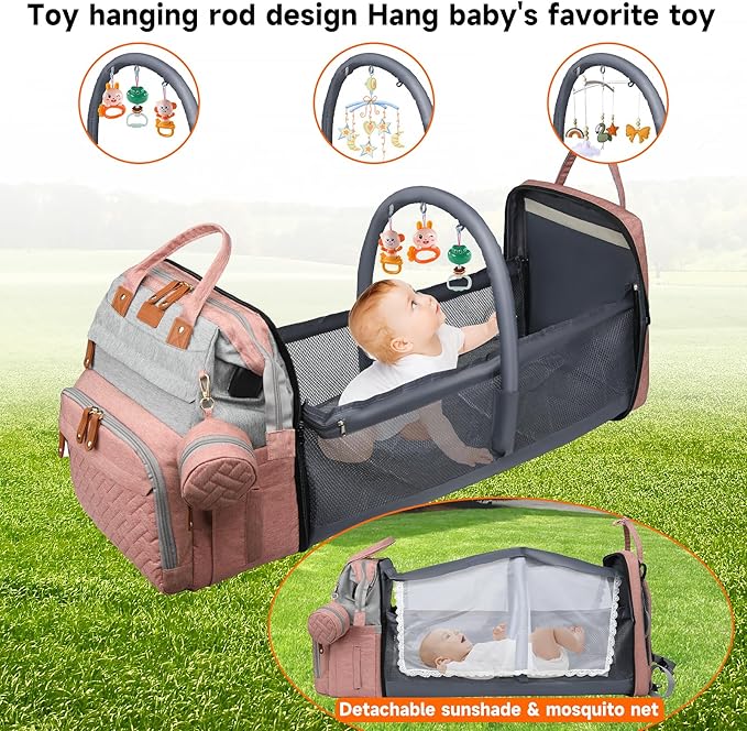 Baby Diaper Bags with Changing Station, Large Capacity Diaper Bag Backpack for Moms Dads with USB Charging Port,Travel Baby Bag with Pacifier Case & Stroller Straps(Up-PinkGrey)