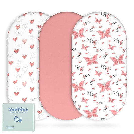 Yoofoss Bassinet Sheets for Baby,3-Pack Fitted Bassinet Sheets Set Compatible with Halo Bassinest Swivel Sleeper,Baby Delight,Angelbliss,Soft Breathable Bassinet Mattress Sheets(Pink+Butterflies)