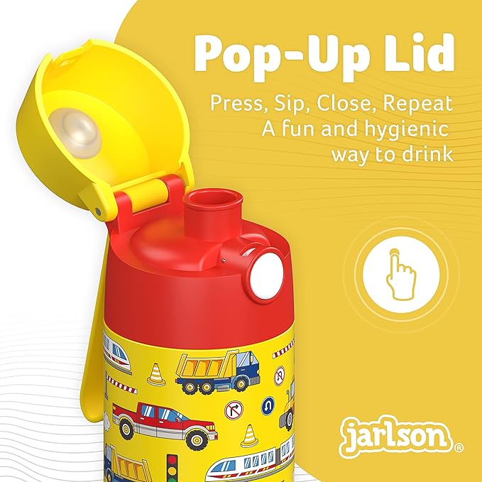 Jarlson® Mali Children's Water Bottle, Thermal Stainless Steel Water Bottle, BPA-Free, Leak-Proof, Children's Bottle with Chug Lid, Bottle for School, Nursery (Vehicles, 350 ml)