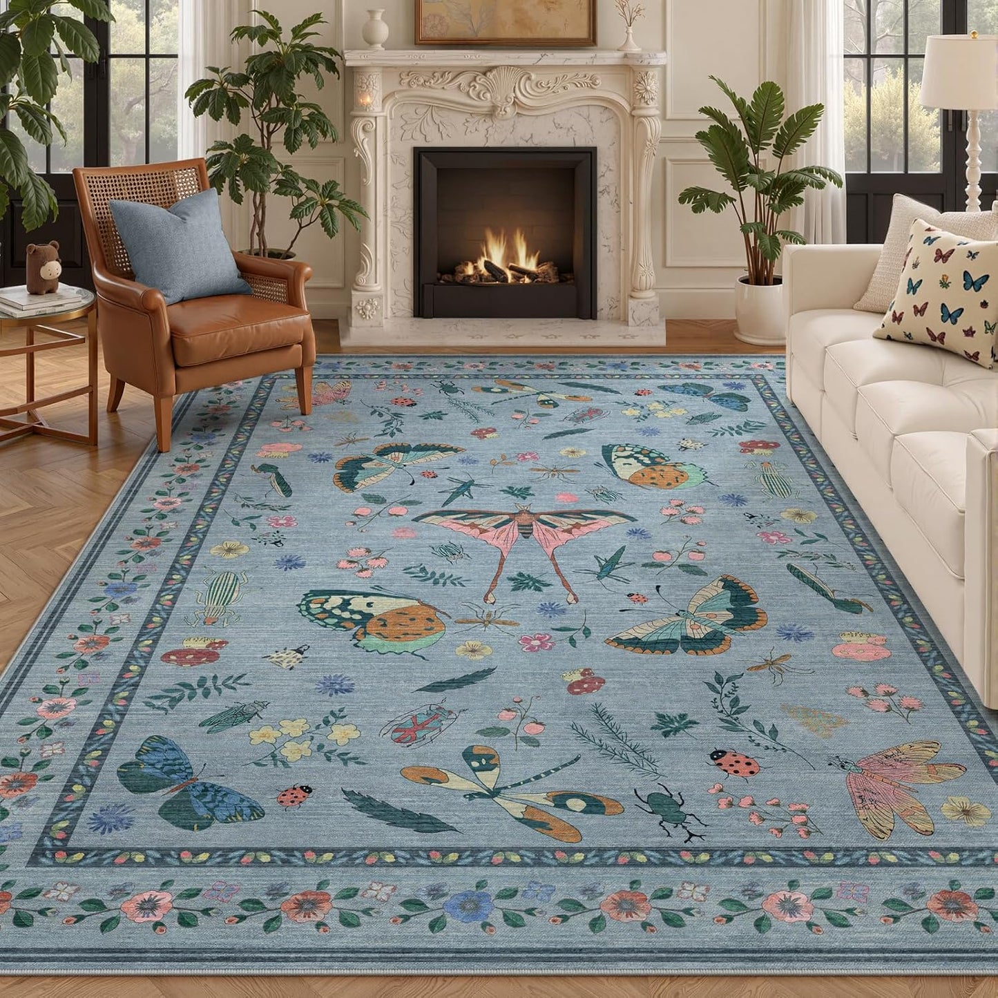 8x10 Area Rugs with Insect Print - Bug Rug Non-Shedding Stain Resistant Soft Carpet for Bedroom, Low Pile Ultra-Thin Machine Washable Carpet for Dining Room, Kids Nursery, Office (8'x10' Blue)