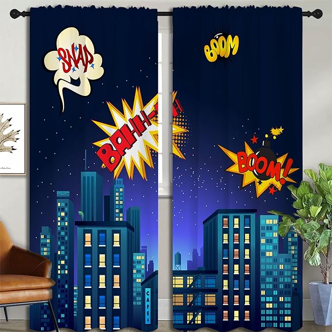 Superhero Rod Pocket Blackout Curtains for Boy Girl Bedroom, Cartoon Skyline Buildings Cityscape Thermal Insulated Home Window Drapes for Living Room Darkening, 84x72 inch