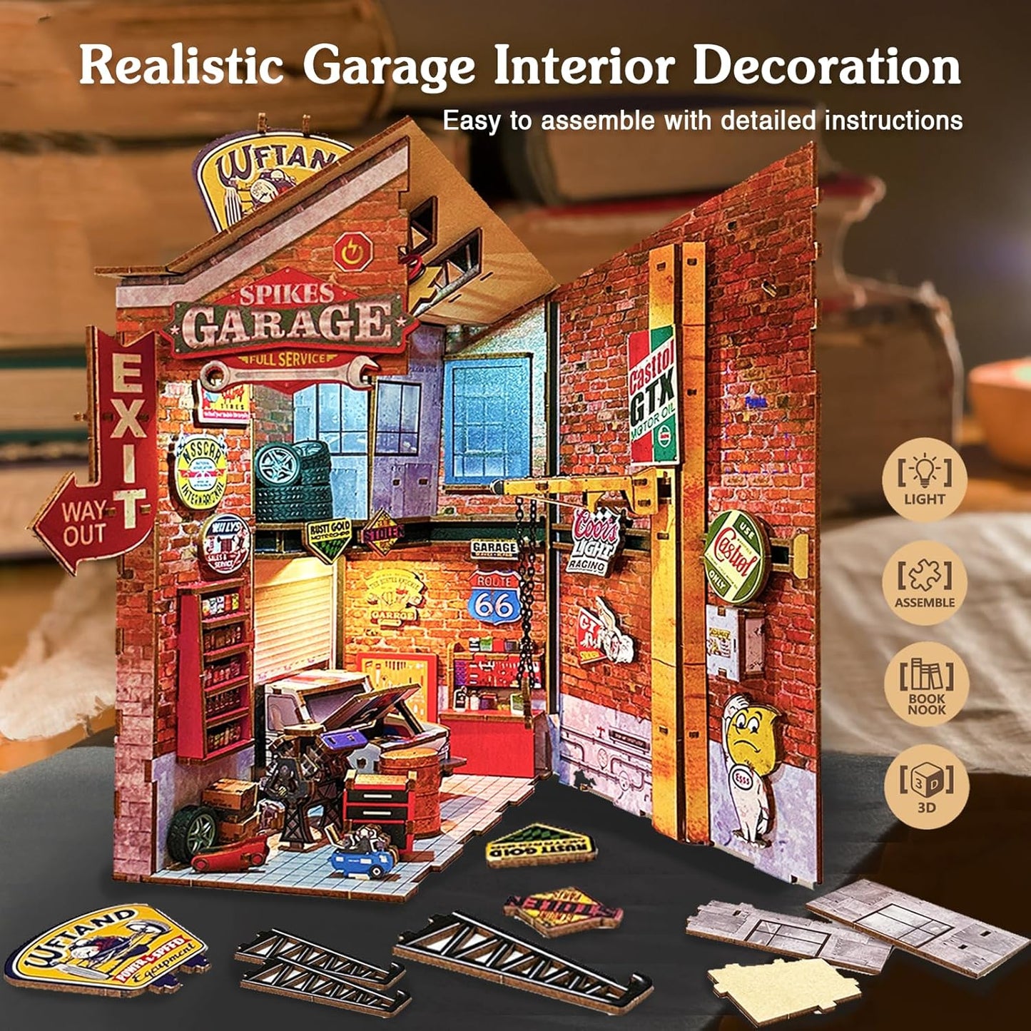 Garage Book Nook Kit - 3D Wooden Puzzle Miniature Book Nook Kits for Adults Teen, DIY Dollhouse Bookshelf Insert Decor with Sensor LED Light, Gift for Family, Friends