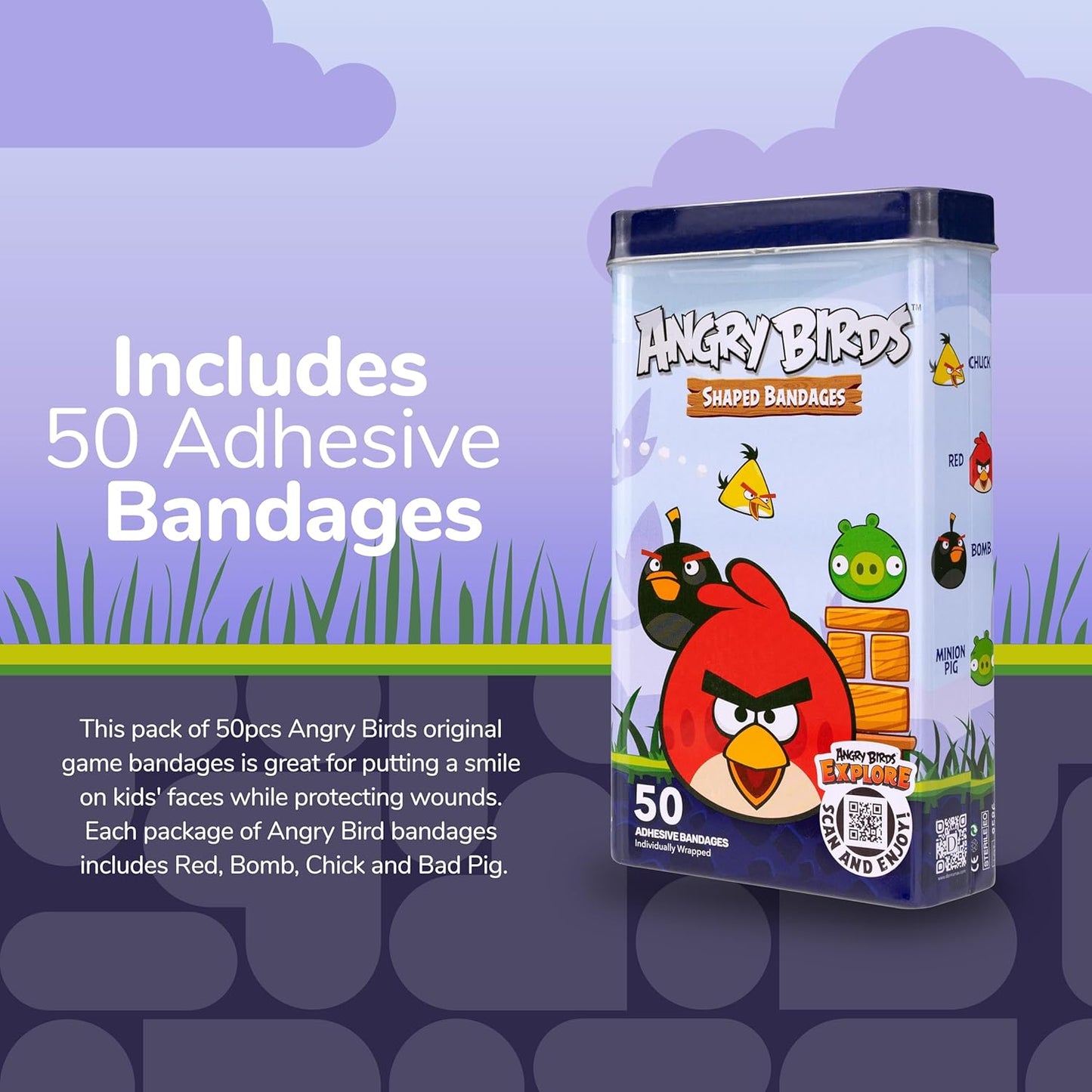 BioSwiss Bandages, Angry Birds Game Shaped Self Adhesive Bandage, Latex Free Sterile Wound Care, Standard Shape for Kids and Adults, 50 Count