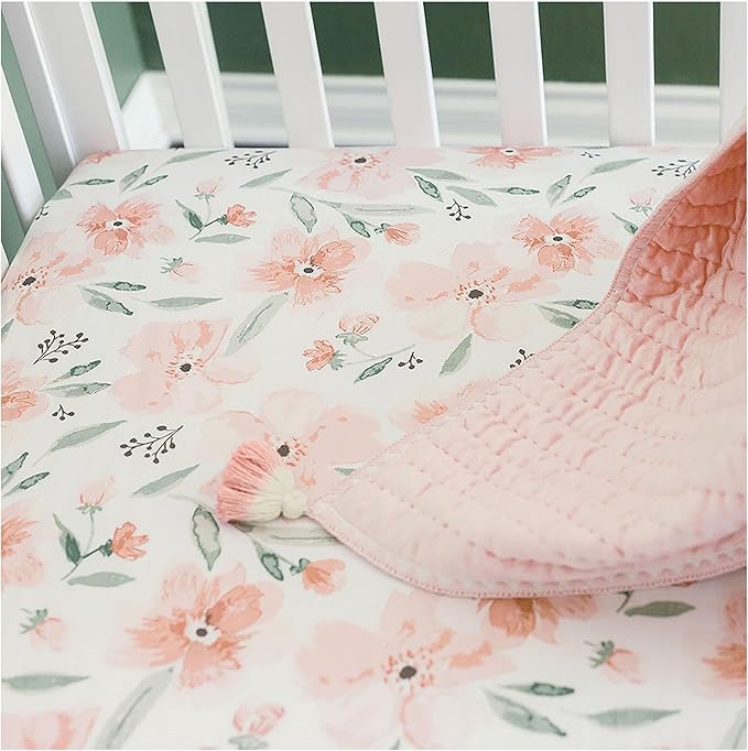 Crane Baby Floral Crib Sheets, 100% Cotton, Breathable Baby Bedding for Standard Mattress, Pink Nursery Decor, Machine Washable Pink Floral Crib, Toddler Sheets
