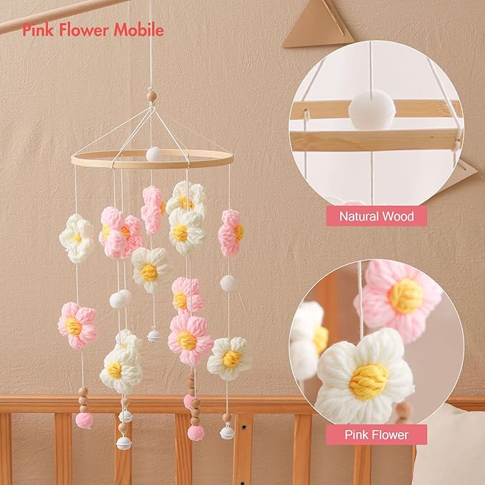 Baby Crib Mobile, Pink and White Flower Mobile for Boys and Girls, Baby Mobile for Bassinet, Baby Bedroom Hanging Nursery Decor Gift Set