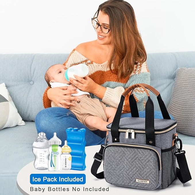 Breastmilk Cooler Bag with Ice Pack Fits 6 Baby Bottles up to 9 Ounce, Breast Milk Pump Cooler Bag for Nursing Mom Daycare, Work, Travel-Grey