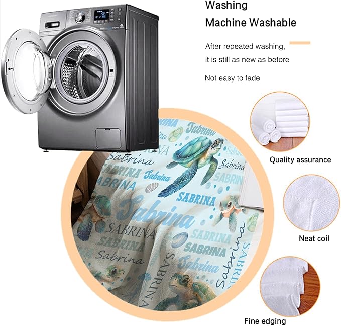 Personalized Baby Blanket for Girls Boys Kids Sea Turtle Custom Baby Blanket with Name Throw Birthday Gift for Toddlers Infants Shower Newborns Nursery Stroller Crib Bed Decor