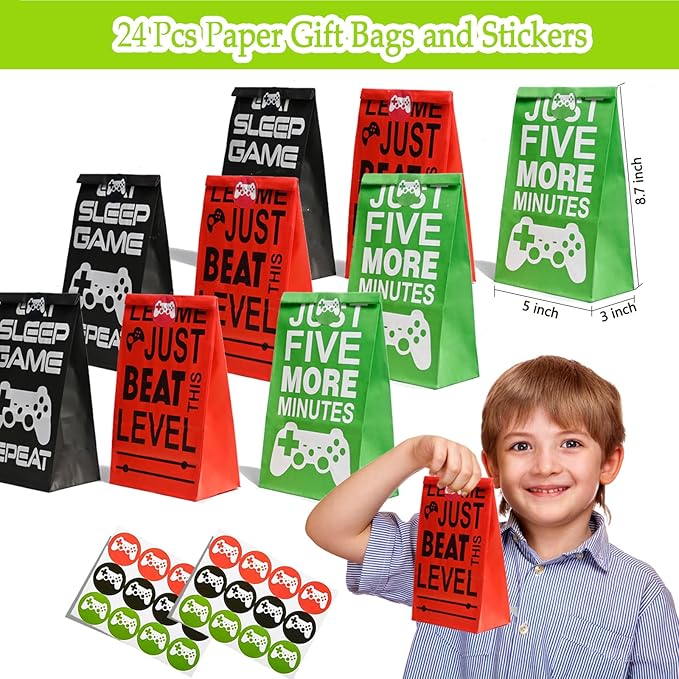 120 Pcs Video Game Party Favors Party Supplies Invisible Ink Pens Notebook Silicone Bracelet Gift Paper Bag Video Game Controller Keychain Birthday Supplies for Kids Gamer Party Favors