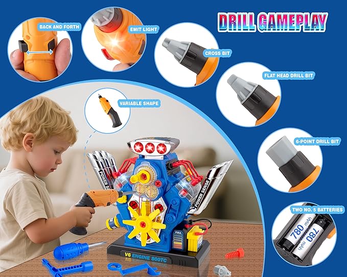 STEM New V6 Engine Model Building Kit，60-Piece Take Apart Toy with Realistic Lights & Sounds, Electric Drill & Tools - Mechanic Repair Playset for Kids Ages 3-5