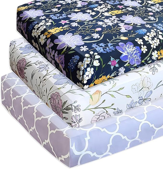 AMROSE 3 Pack Soft Floral Crib Sheets for Baby Girls, 28'' X 52'' Fitted Crib Sheets for Crib and Toddler Mattress Pad, Silk Touch Gentle Breathable Microfiber, Violet