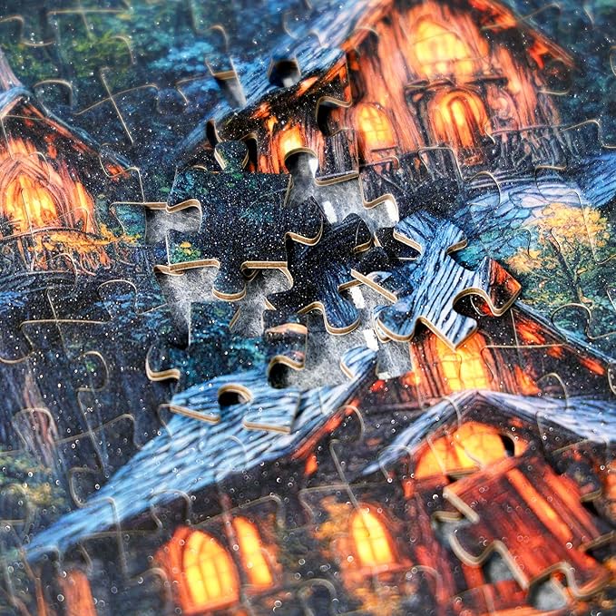 1000 Piece Fantasy Mushroom Forest Sparkling Jigsaw Puzzle for Adults – Glowing Fairy Houses, Enchanted Woods & Magical Waterfall – Dreamlike Whimsical Landscape Puzzle Gift