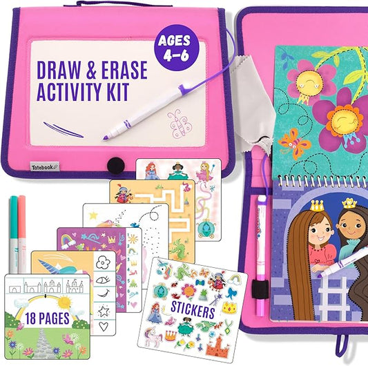 Totebook Kids Travel Educational Activity Book with Washable Markers - Car and Airplane Activities, Learning Toys for Toddlers- Search and Find, Reusable Stickers for Ages 4, 5, 6 (Princess)