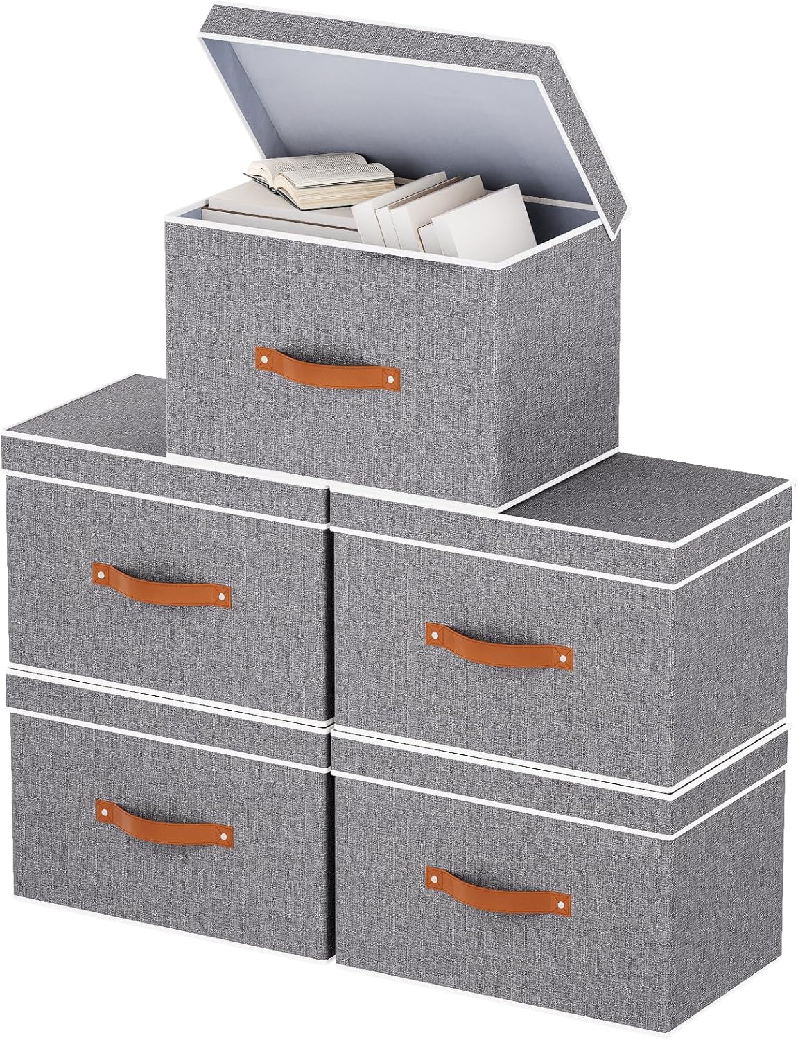Fabric Storage Bins with Lids, Linen Foldable Clothes Boxes, Closet Organizer Containers with Double Handles, Baskets for Bedroom, Grey, 5 Pack, 13 x 9.1 x 7.9 Inch