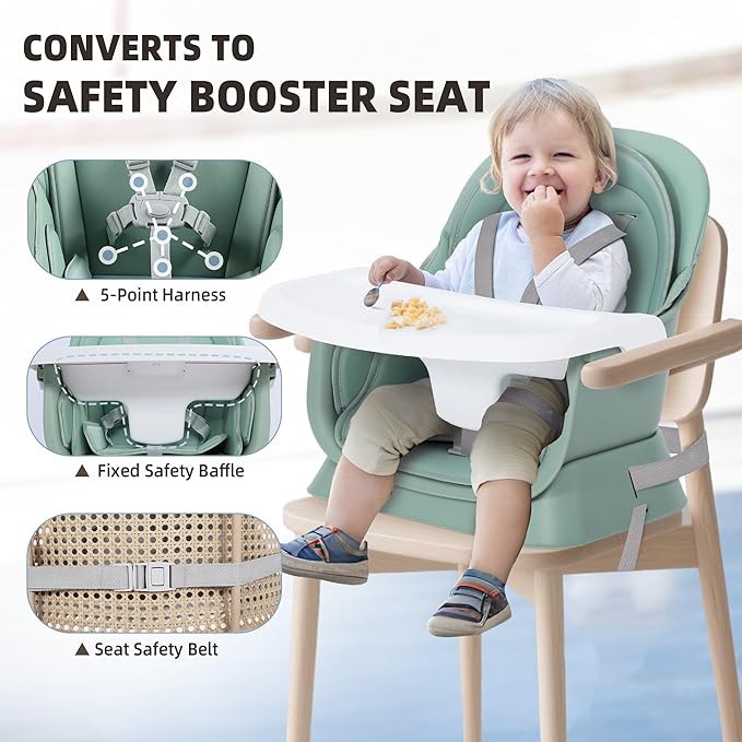 8 in 1 Baby Highchair, Convertible High Chair for Babies and Toddlers, Booster Seat w/5-Point Safety Belt, Toddler Building Block Table, Dishwasher Safe Tray, No Tool Install, Green