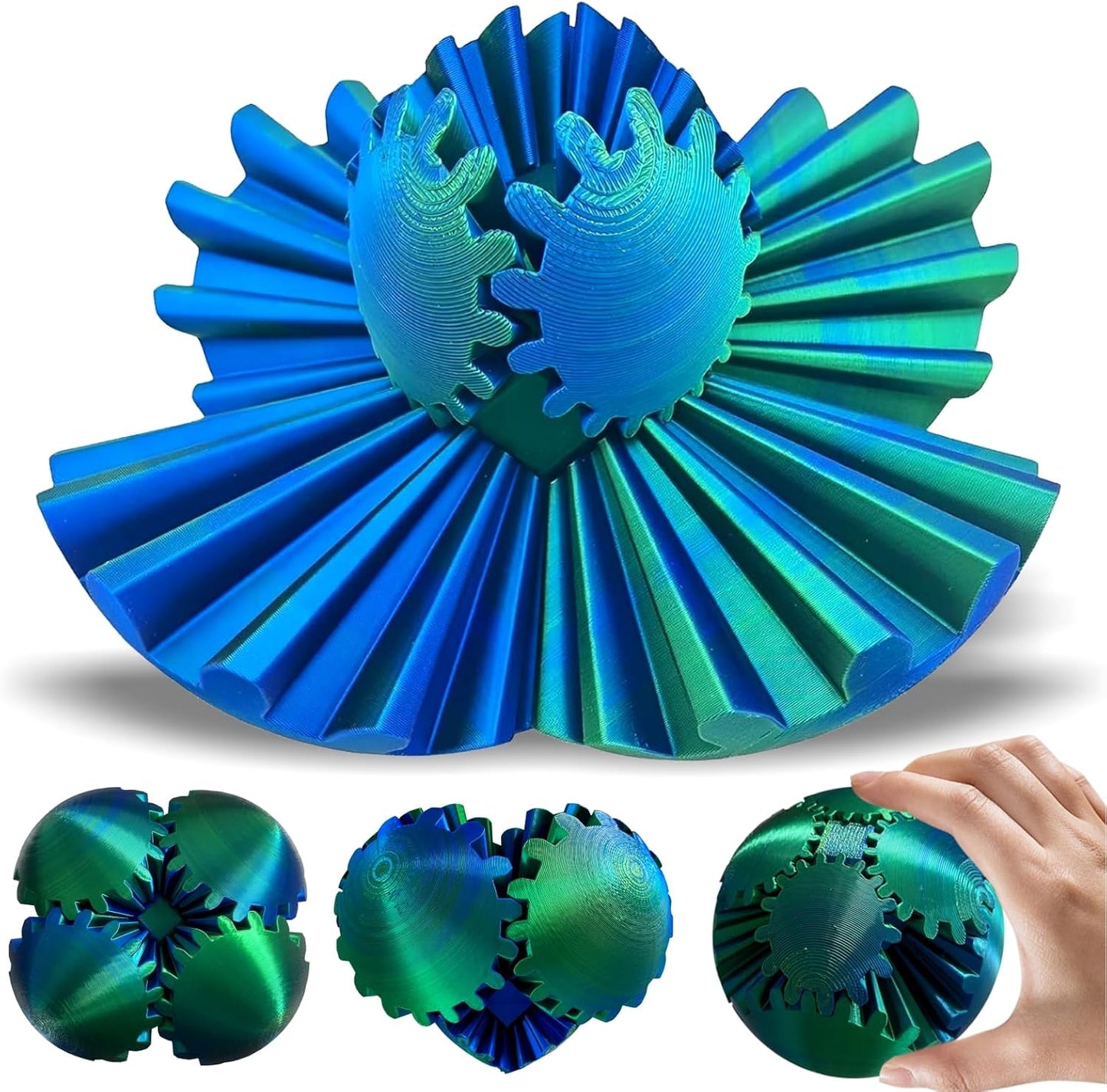 Gear Ball, 3D Printed Gear Ball Spin Ball Cube Fidget Toy, Gear Sphere Fidget Ball, Stress Ball, GearSphere Desk Toy, Gear Toy for Stress and Anxiety Relaxing (Laser Green)