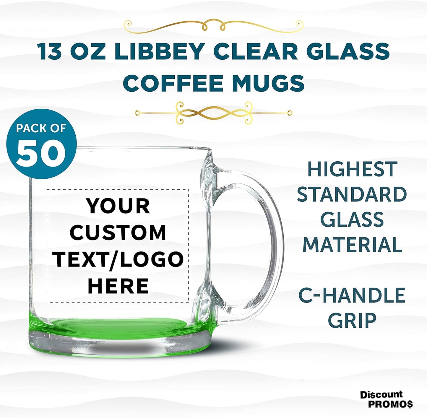 Custom Libbey Clear Glass Coffee Mugs 13 oz. Set of 50, Personalized Bulk Pack - Perfect for Coffee, Tea, Espresso, Hot Cocoa, Other Beverages - Green Bottom