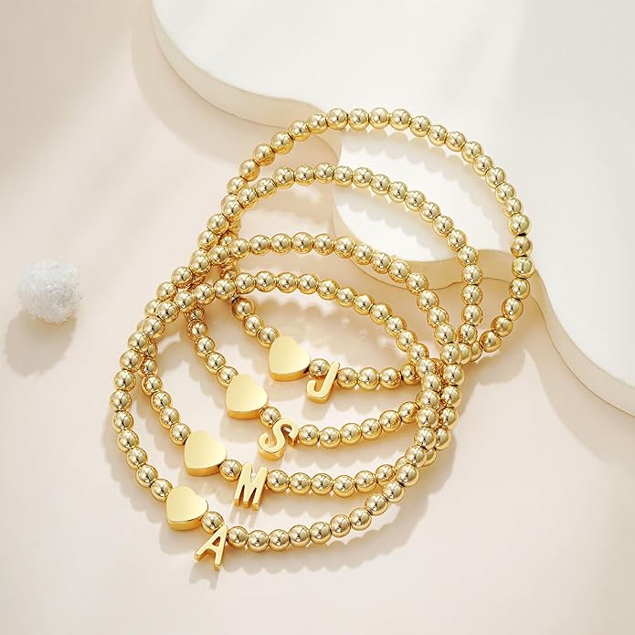 Gold Initial Bracelets for Women Girls - 18K Gold Plated A-Z Heart Initial Bracelet Dainty Beaded Bracelet Gold Bracelets for Women Teen Girl Gifts Trendy Stuff