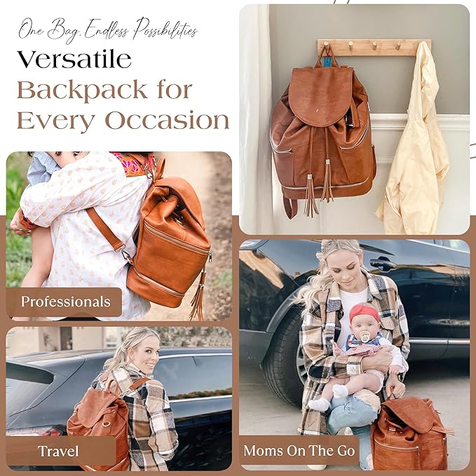 Citi Collective Journey Vintage Tan Vegan Leather Diaper Bag Backpack | Elegant, Multifunctional, Travel Diaper Bag with Stroller Straps & Insulated Bottle Pockets
