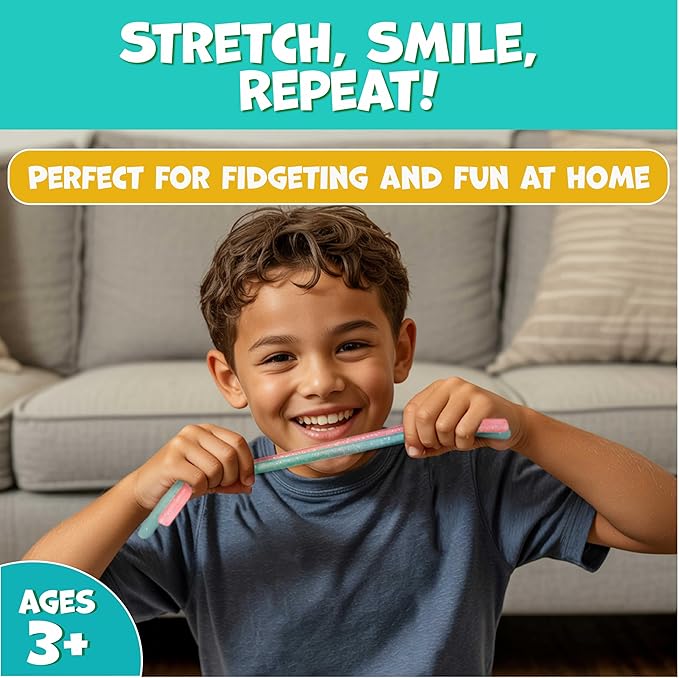BUNMO Sensory Toys Stretchy Strings for Toddlers 3+ - Stimulating & Addictive Fidget Toys for Kids - Hours of Fun for Kids - Non-Mouthable Toy 3+ - Glitter 6 Pack