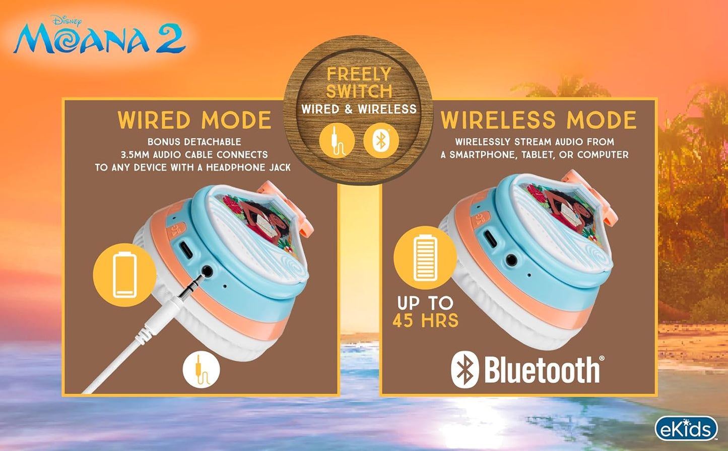eKids Moana Bluetooth Headphones for Kids, Wireless Headphones with Microphone Includes Aux Cord, Kids Earphones for School, Home, or Travel