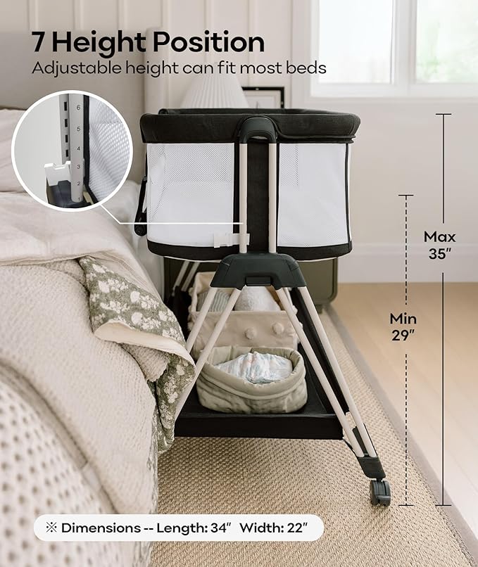 Fodoss Baby Bassinet Bedside Sleeper with Wheels and Storage Tray,4-Sided Mesh Bedside Bassinet for Infant/Newborn,7 Height Adjustable Easy Folding Bedside Crib