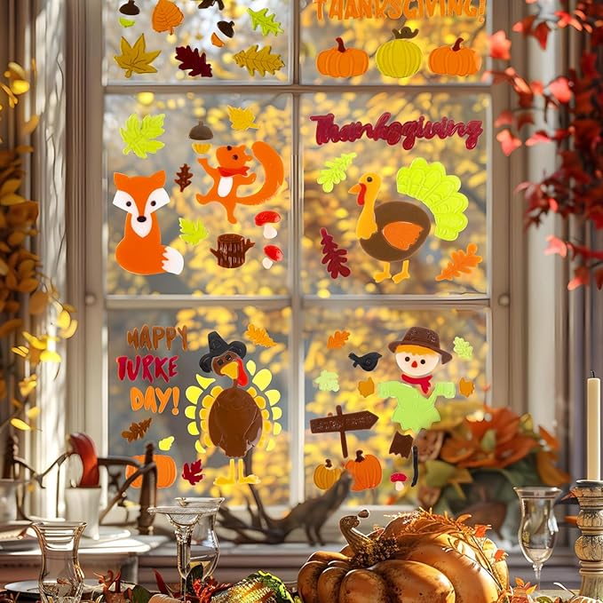 Fall Thanksgiving Window Gel Clings, Happy Thanksgiving Pumpkin Turkey Maple Leaf Scarecrow, School Home Supplies