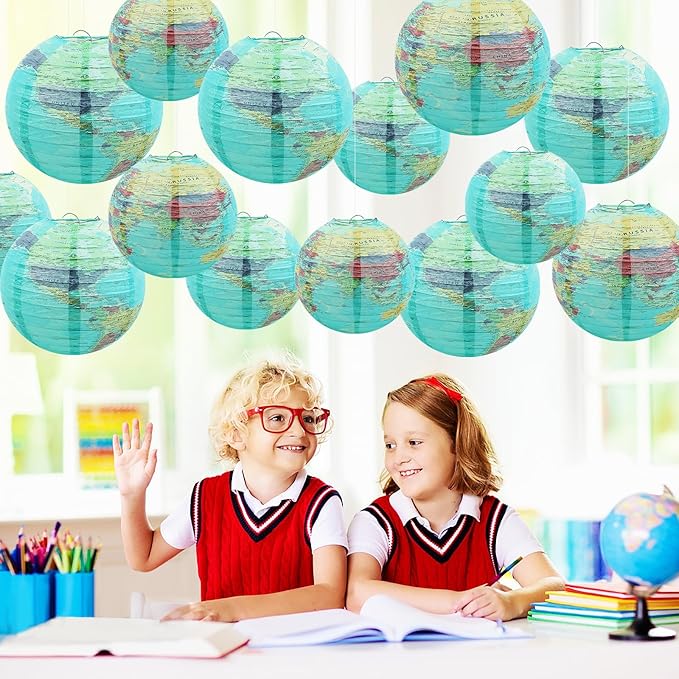 14Pcs World Map Paper Lanterns Classroom Decorations 10 in and 8 in Classroom Hanging Ceiling Decor Earth Globe Lantern Fans for Back to School Around Travel Earth Theme Party Decor Supplies
