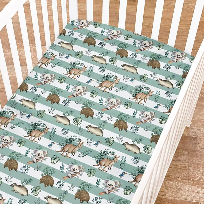 Baby Australian Animals Fitted Baby Crib Sheet for Boy Girl 52"x28" Cute Koala Green Tropical Leaves Crib Mattress Cover Baby Animals Stripes Soft Baby Sheet for Standard Crib & Toddler Bed Mattress