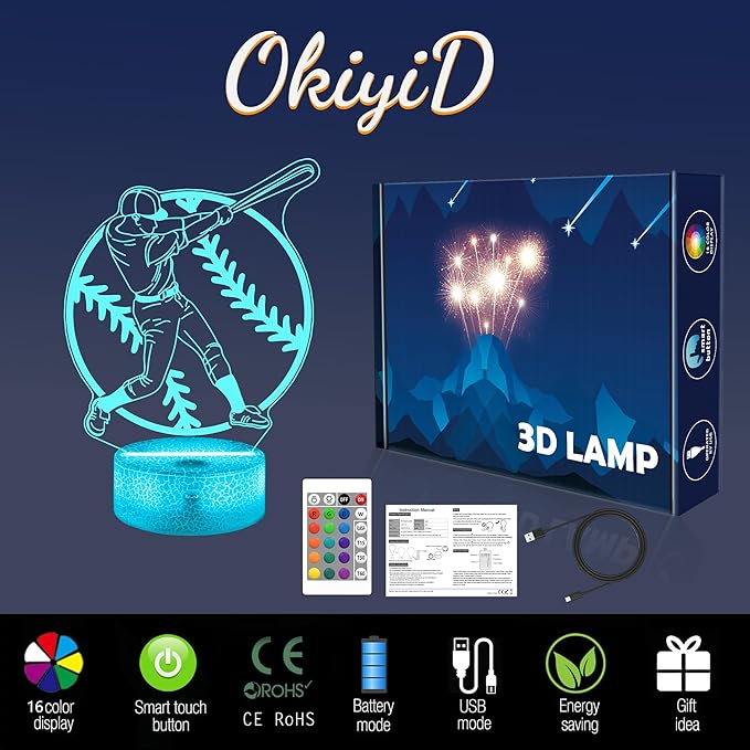 Baseball Gifts for Boys, Baseball 3D Illusion Lamp, Night Light with 16 Colors Remote Control, Decor for Kids Room, Boy Men Christmas Birthday Gifts