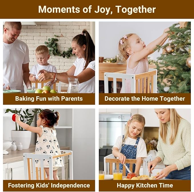 COSYLAND Kids Kitchen Step Stool Helper - Wooden Standing Tower for Kids with Anti-Tip Support Legs - Mothers' Helper Kids Learning Stool for Kitchen Counter (White & Natural)