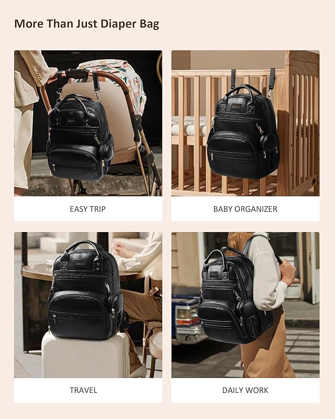 Premium Vegan Leather Diaper Bag Backpack with Waterproof Changing Pad, Reinforced Zippers & Odor-Free, 20 Pockets Pro Organizer, Fits 15.6" Laptop, Stroller Straps, Baby Bag for Mom, Black