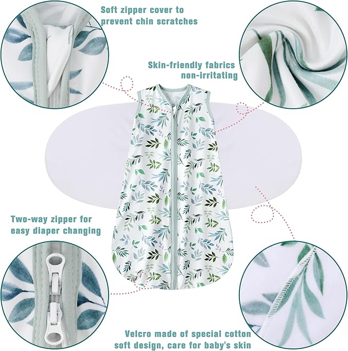 Newborn Sleep Sack Baby Swaddle,Swaddle me 3-6 Month,3-Way Adjustable Wearable Blanket,100% Rayon Cotton Swaddling Sleeping Bag，TOG 0.5 (Leaf, 3-6 Months)