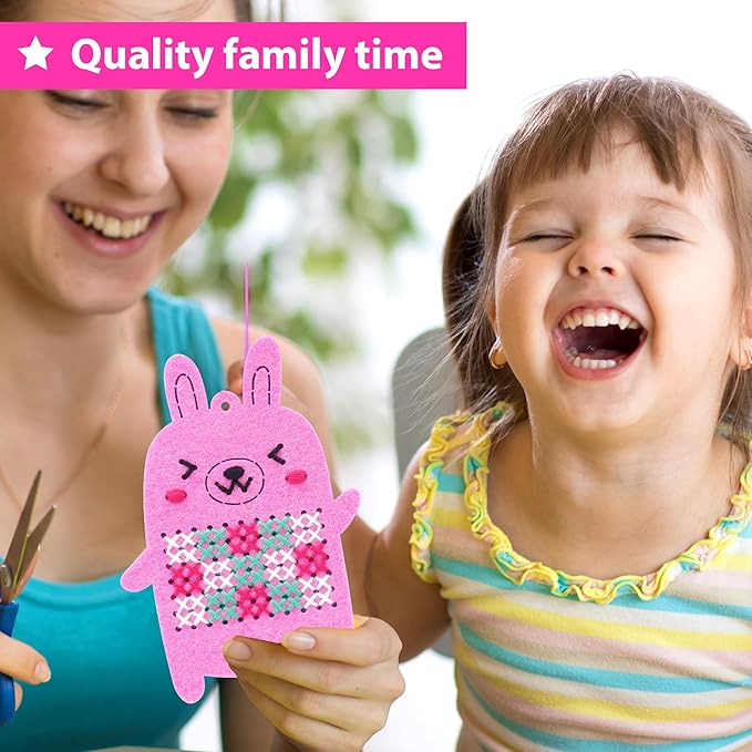 KRAFUN Cross Stitch Kits for Kids Beginners, 4 Cross Stitching Keyrings Arts & Crafts with Animals, Unicorn, Needlepoint Embroidery Kit for Girls 5-13 Craft Kit Backpack Charms, Ornaments