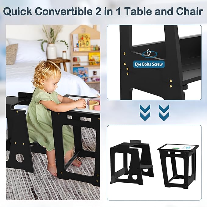 4 in 1 Kitchen Step Stool Helper for Toddlers, Toddler Learning Standing Tower with Whiteboard 2 in 1 Convertible Table and Chair, Widened Platforms for Little Ones Kitchen Counter Bathroom Sink