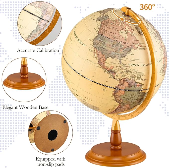 12" Illuminated World Globe, Desktop Globe with Raised Relief, LED Lights, Time Zone & Non-Slip Wooden Base, Geographic Terrain Globes for Decoration (Bronze)